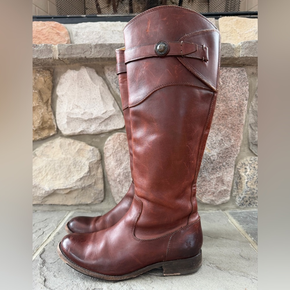 Frye Molly Button Tall Riding Boot Cognac Zip Up Quality Leather Button Detail